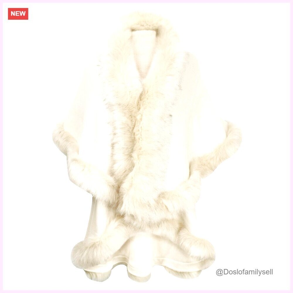 Open Front Faux Fur Trim Cape Cardigan Sweater Acrylic Free Size